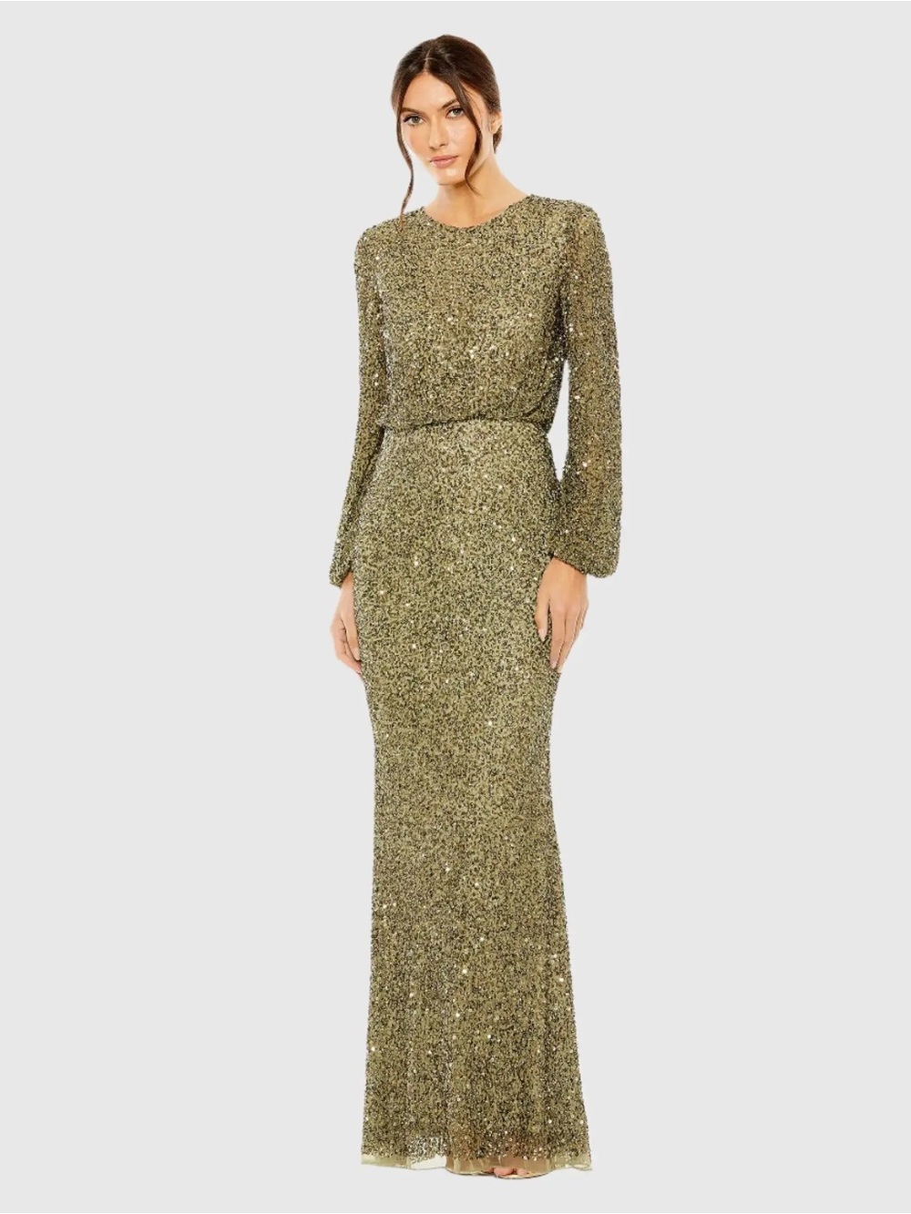 MAC DUGGAL
Green High Neck Long Sleeve Beaded Blouson Gown